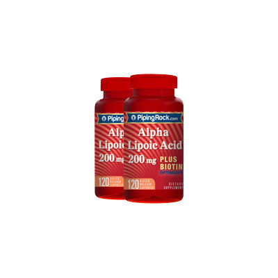 Piping Rock Alpha Lipoic Acid 200mg plus Biotin 2 Bottles x 120 Capsules