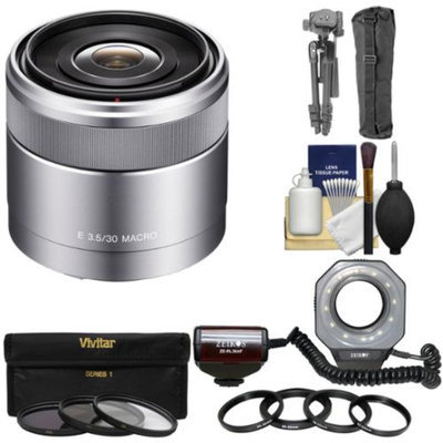 Sony Alpha E-Mount E 30mm f/3.5 Macro Lens with Ringlight + 3 Filters + Tripod Kit for A7, A7R, A7S, A3000, A5000, A5100, A6000 Cameras