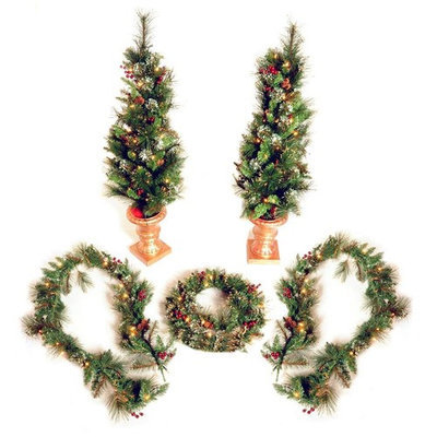 private label Set of 5 Pre-Lit Gold Hardneedle Plug-In LED Decorative Holiday Greens
