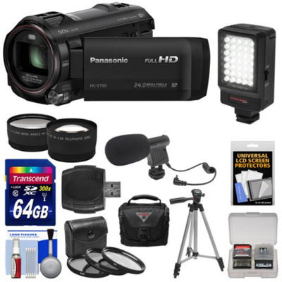 Panasonic HC-V750K HD Wi-Fi Video Camera Camcorder with 64GB Card + Case + LED Light + Mic + Tripod + 3 Filters + Tele/Wide Lens Kit