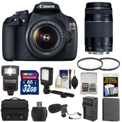 Canon EOS Rebel T5 Digital SLR Camera Body & EF-S 18-55mm IS & 75-300mm III Lens + 32GB Card + LED Light + Microphone + Case + Battery & Charger Kit