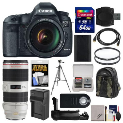 Canon EOS 5D Mark III Digital SLR Camera with EF 24-105mm L IS & 70-200mm f/2.8 L IS II USM Lens + 64GB Card + Case + Battery/Charger + Grip + Tripod Kit