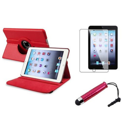 Insten iPad Mini 3/2/1 Case, by INSTEN Red Swivel Leather Case Stand+Protector/Pen for Apple iPad Mini 3rd 3 2nd 1 1st Gen