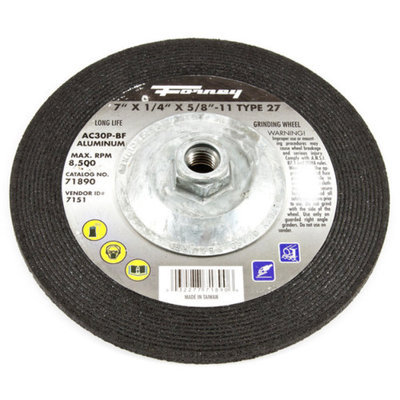 Forney 71890 Grinding Wheel with 5/8-Inch-11 Threaded Arbor Aluminum Type 27 AC46 7-Inch-by-1/4-Inch