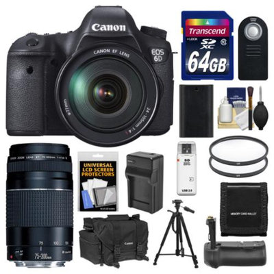 Canon EOS 6D Digital SLR Camera Body with EF 24-105mm L IS USM & 75-300mm III Lens + 64GB Card + Case + Grip + Battery & Charger + Tripod + Filters Kit