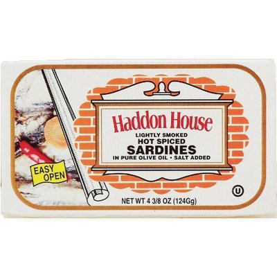 Haddon House sardines, lightly smoked hot spiced in pure olive oil, salt added 4.3 oz Box