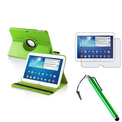Insten INSTEN Green Rotating Leather Case+AG Protector/Stylus For Samsung Galaxy Tab 3 10.1 Tablet