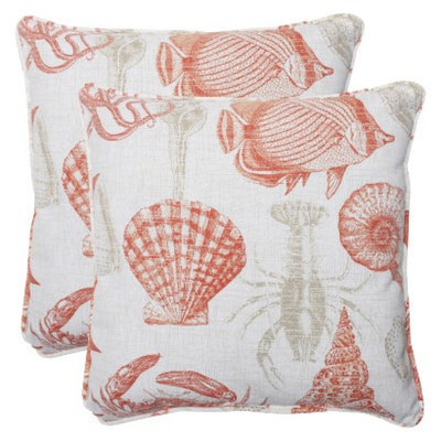 Pillow Perfect Outdoor 2-Piece Square Throw Pillow Set - Orange/Tan Sealife
