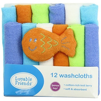 Luvable Friends 12 Washcloths In Bag with Bonus Toy, Blue