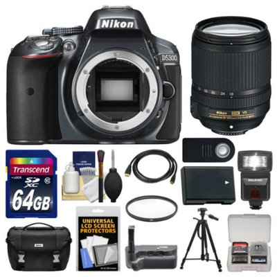 Nikon D5300 Digital SLR Camera Body (Grey) with 18-140mm VR Zoom Lens + 64GB Card + Case + Flash + Grip + Battery + Tripod Kit