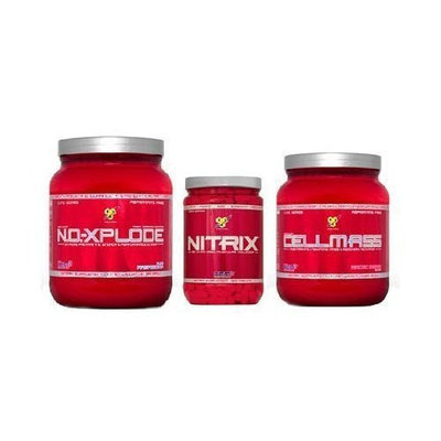 Mass Stack-BSN Maximum Strength Core Series, No-Xplode Fruit Punch, Cellmass Arctic Berry, Nitrix 180 Tablets, Orange No-Xplode