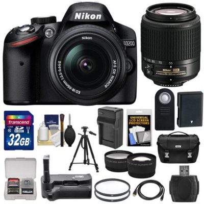 Nikon D3200 Digital SLR Camera & 18-55mm & 55-200mm DX AF-S Zoom Lens and Case with 32GB Card + Battery + Charger + Grip + Tripod + Tele/Wide Lens Kit