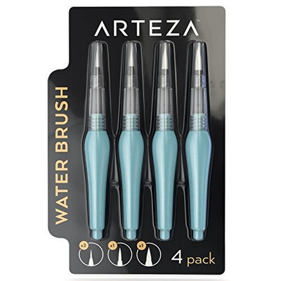 Arteza Water Brush, Set of 4 - Fine, Medium & Broad Tips, Self-moistening, Portable, Perfect for Aquarelle & Watercolor Painting and Peerless Watercolors