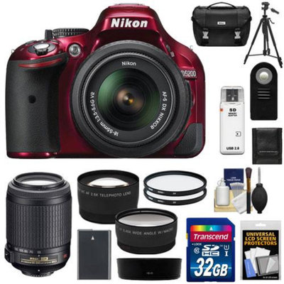 Nikon D5200 Digital SLR Camera & 18-55mm G VR DX AF-S Zoom Lens (Red) with 55-200mm VR Lens + 32GB Card + Battery + Case + Filters + Telephoto & Wide-Angle Lenses + Tripod + Accessory Kit