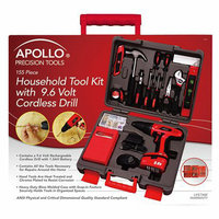Apollo Household Tool Kit with 9.6 Volt Cordless Drill - Red (155 Pc)