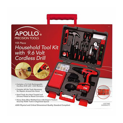 Apollo Household Tool Kit with 9.6 Volt Cordless Drill - Red (155 Pc)