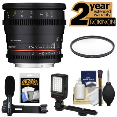 Rokinon 50mm T/1.5 DS Cine Lens (for Video DSLR Olympus/Panasonic Micro 4/3) with 2 Year Ex. Warranty + UV Filter + Mic + LED Light + Accessory Kit