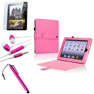 Insten INSTEN 4in1 Pink Leather Case w/ Stand Protector Headset Stylus for Apple iPad 1 1st