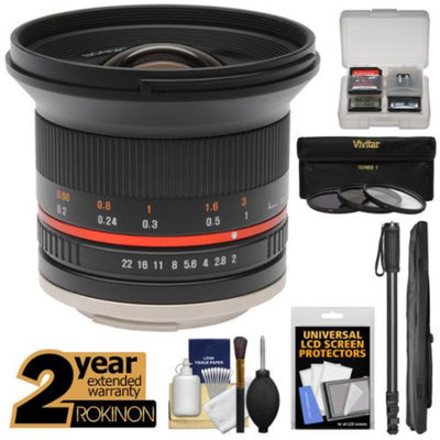 Rokinon 12mm f/2.0 Ultra Wide Angle Lens with Ext. Warranty + 3 UV/CPL/ND8 Filters + Monopod Kit for Olympus OM-D, PEN & Panasonic Micro 4/3 Camera