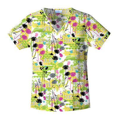 S.B Simply Basic SUNNY GARDEN Print Shaped V-Neck Scrub Top