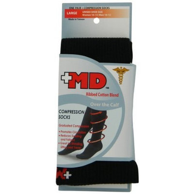 MD USA Ribbed Cotton Compression Socks with Cushion, Black, Medium