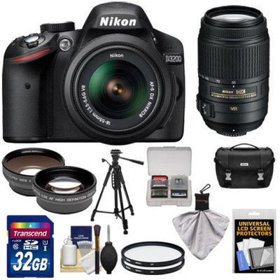 Nikon D3200 Digital SLR Camera & 18-55mm G VR DX AF-S Zoom Lens (Black) + 55-300mm VR Lens + 32GB Card + Case + Filters + Tripod + Telephoto & Wide-Angle Lens Kit