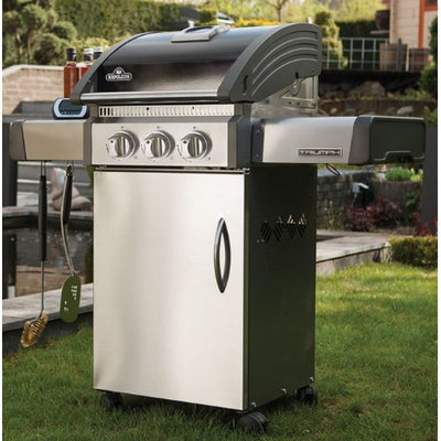 Napoleon T325SBPK Triumph 325 Liquid Propane Gas Grill with Three Burners 35500 BTUs Stainless Steel Construction Folding Side Shelves Cast Iron Cooking Grids and
