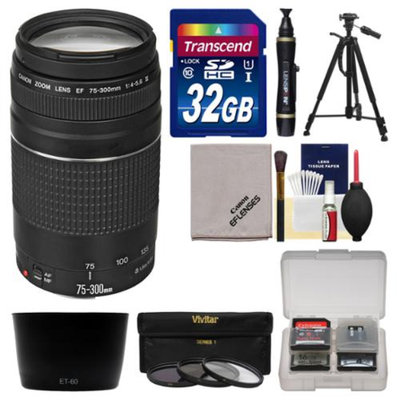 Canon EF 75-300mm f/4-5.6 III Zoom Lens with 32GB Card + Tripod + 3 Filters + Hood Kit for EOS 5D Mark II III, 6D, 7D, 70D, Rebel T3, T3i, T5, T5i, SL1 Cameras