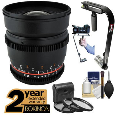 Rokinon 16mm T/2.2 Cine Wide Angle Lens with 2 Year Ext. Warranty + Steadycam + 3 Filters Kit for Olympus Micro 4/3 OM-D/PEN & Panasonic Lumix Cameras