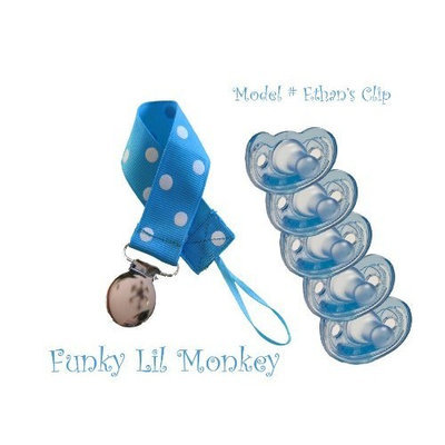 Funky Lil Monkey 5 Blue Gumdrop Pacifiers + Polka-dotted Pacifier Clip