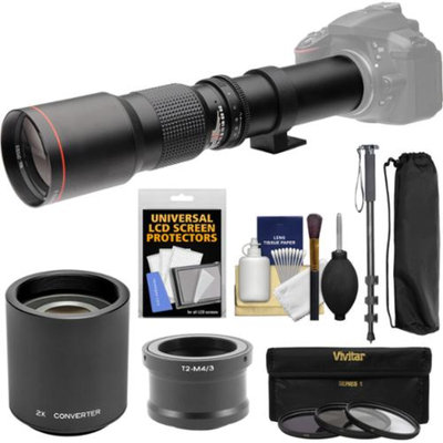 Vivitar 500mm f/8.0 Telephoto Lens with 2x Teleconverter (=1000mm) + Monopod + 3 Filters Kit for Olympus Pen/OM-D & Panasonic Lumix Micro Four Thirds Camera