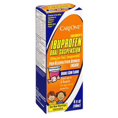 CareOne Bubble Gum Flavor Children's Ibuprofen Oral Suspension Pain Reliever/Fever Reducer (NSAID)