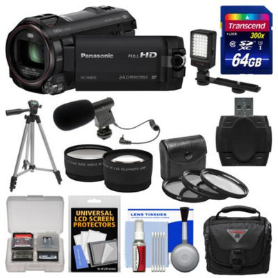 Panasonic HC-W850K Twin Recording HD Wi-Fi Video Camera Camcorder with 64GB Card + Case + LED Light + Mic + Tripod + 3 Filters + 2 Tele/Wide Lens Kit