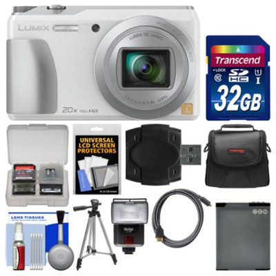 Panasonic Lumix DMC-ZS35 Wi-Fi Digital Camera (White) with 32GB Card + Case + Flash + Battery + Tripod + Kit