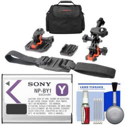 Essentials Bundle for Sony Action Cam HDR-AZ1 Camcorder with Sony NP-BY1 Battery + 2 Helmet & Flat Surface Mounts + Case + Kit