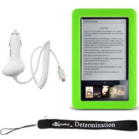 Slim High Quality Durable Silicone Skin Case Customer Made For Barnes & Noble Nook eBook Reader (Green) + Includes a 4-Inch eBigvalue Determination Hand Strap + Easy Travel Car Charger