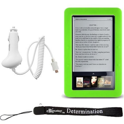 Slim High Quality Durable Silicone Skin Case Customer Made For Barnes & Noble Nook eBook Reader (Green) + Includes a 4-Inch eBigvalue Determination Hand Strap + Easy Travel Car Charger