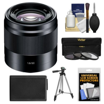 Sony Alpha NEX E-Mount 50mm f/1.8 OSS Lens (Black) with NP-FW50 Battery + Tripod + 3 Filters Kit for A7, A7R, A7S, A3000, A5000, A5100, A6000 Cameras