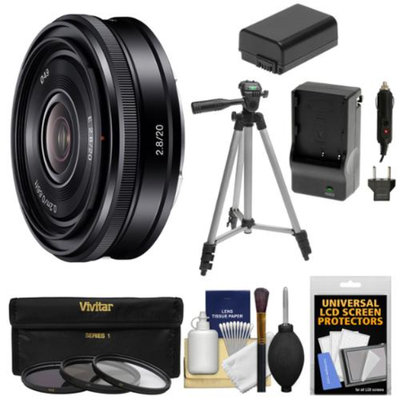Sony Alpha E-Mount 20mm f/2.8 Wide-Angle Pancake Lens with 3 Filters + Tripod + NP-FW50 Battery & Charger + Kit + for A7, A7R, A7S, A3000, A5000, A5100, A6000 Cameras
