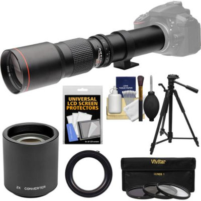 Vivitar 500mm f/8.0 Telephoto Lens with 2x Teleconverter (=1000mm) + Tripod + 3 Filters Kit for Canon EOS Rebel SL1, T3, T3i, T5, T5i, 70D, 6D, 7D 5D Mark II III Camera