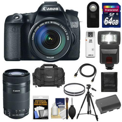 Canon EOS 70D Digital SLR Camera & EF-S 18-135mm IS with 55-250mm IS STM Lens + 64GB Card + Battery + Case + Filters + Flash + Tripod + Kit