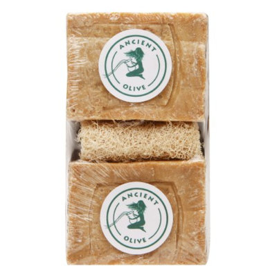 Ancient Olive Natural Olive Oil & Laurel Oil Bar Soap with Loofah Scrub, Natural, 1 set