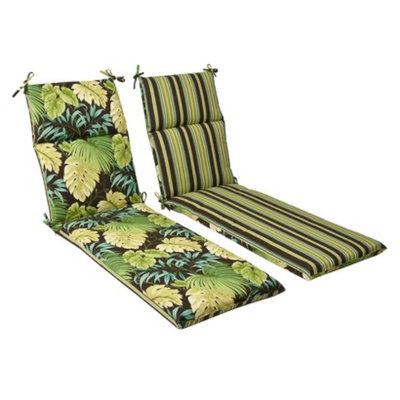 Pillow Perfect Outdoor Reversible Chaise Lounge Cushion - Brown/Green Floral/Stripe