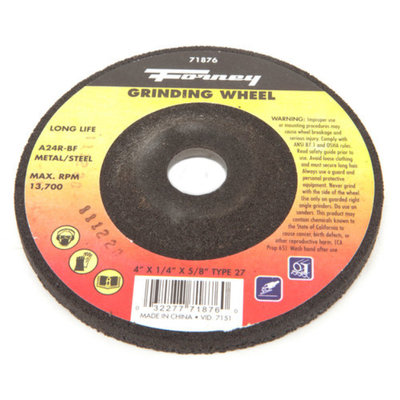 Forney 71876 Grinding Wheel with 5/8-Inch Arbor Metal Type 27 A24R-BF 4-Inch-by-1/4-Inch