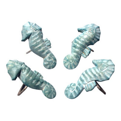 Ti Metal Designs Aqua Seahorse Napkin Rings Hand Carved Wood Set of 4