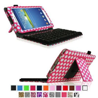 Fintie Folio Key Wireless Bluetooth Keyboard Case Cover for Samsung Galaxy Tab 3 7.0 inch Tablet, Polka Dot Pink