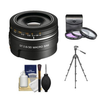 Sony Alpha DT 30mm f/2.8 Macro SAM Lens with 3 UV/FLD/CPL Filter Set + Tripod + Cleaning Kit for A57, A58, A65, A77, A99 DSLR Camera