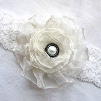 Tribe Baby Headband Ivory Satin Lace Flower and Pearl by Delicate Princess (Medium (6 months-2 years))