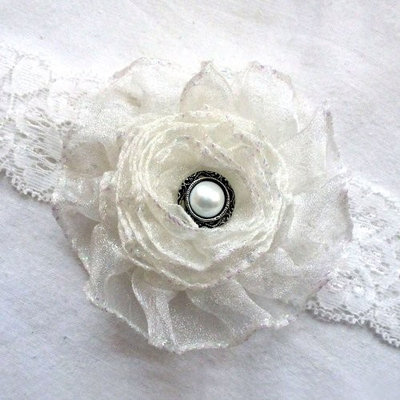Tribe Baby Headband Ivory Satin Lace Flower and Pearl by Delicate Princess (Medium (6 months-2 years))