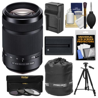 Sony Alpha A-Mount 55-300mm f/4.5-5.6 DT SAM Zoom Lens with NP-FM500H Battery & Charger + Tripod + 3 Filters + Pouch + Kit for SLT-A37, A57, A58, A65, A77 II, A99 DSLR Cameras